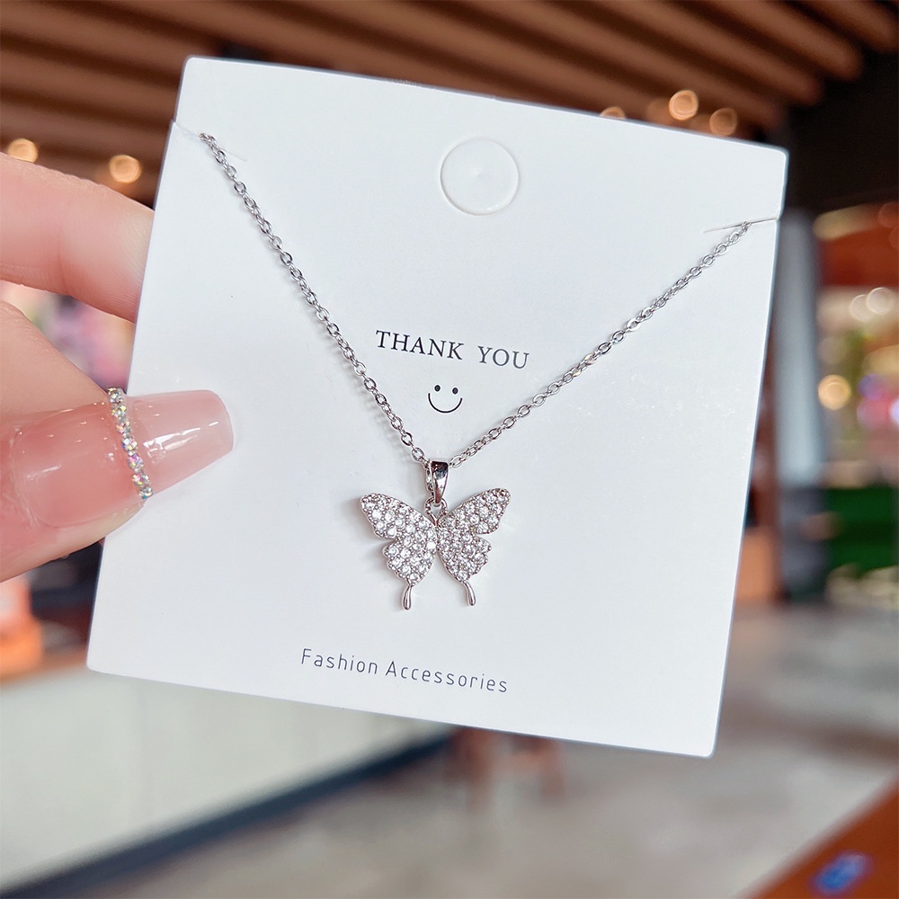 XiaoboACC Vòng Cổ Thép Titan Mặt Dây Hình Bướm Đính Đá Zircon Dài Và Chuỗi Mở Rộng  38cm+6cm