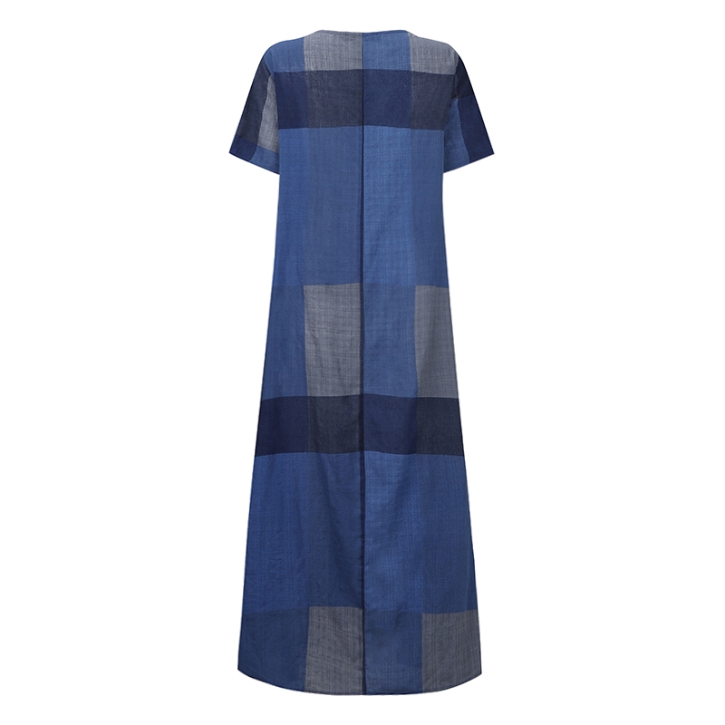 Đầm Maxi ZANZEA Tay Ngắn Họa Tiết Caro Cổ Điển Đơn Giản Cho Nữ