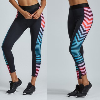 Quần legging thể thao hoạ tiết kẻ sọc chất liệu co giãn