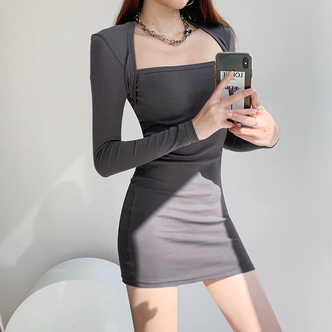 COZOKC COZOK Đầm tay dài cổ vuông màu sắc thanh lịch