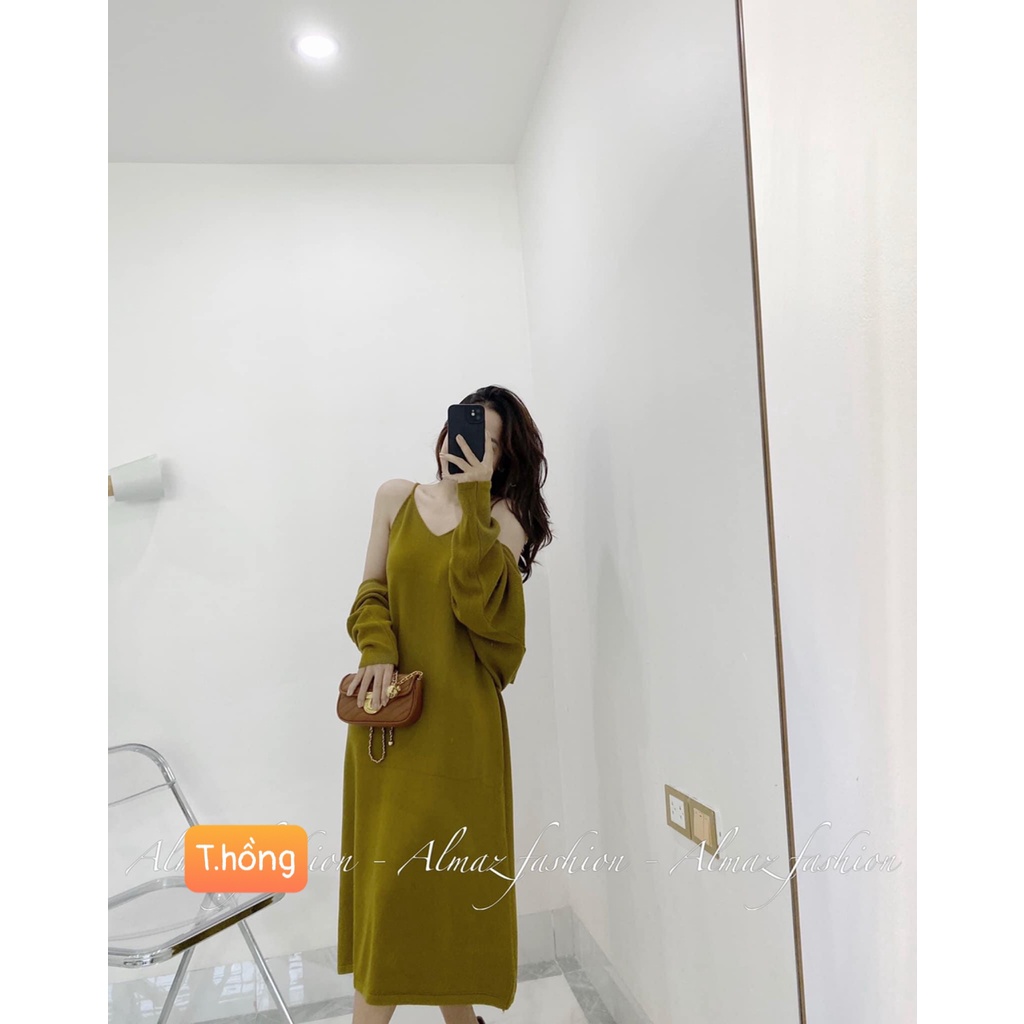 Váy Bầu Đầm Bầu Thu Đông Quảng Châu Cao Cấp. Cặp 2in 1- Áo Caridigan, Váy 2 Dây, Phong Cách Hàn Quốc Siêu Xinh A110