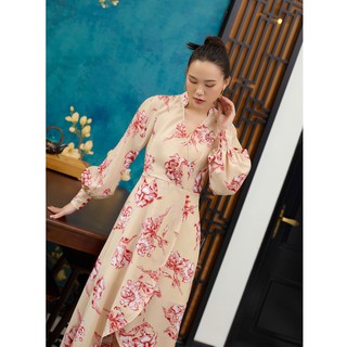 Đầm Hoa Nâu Đỏ Cổ V EDINI - D1341