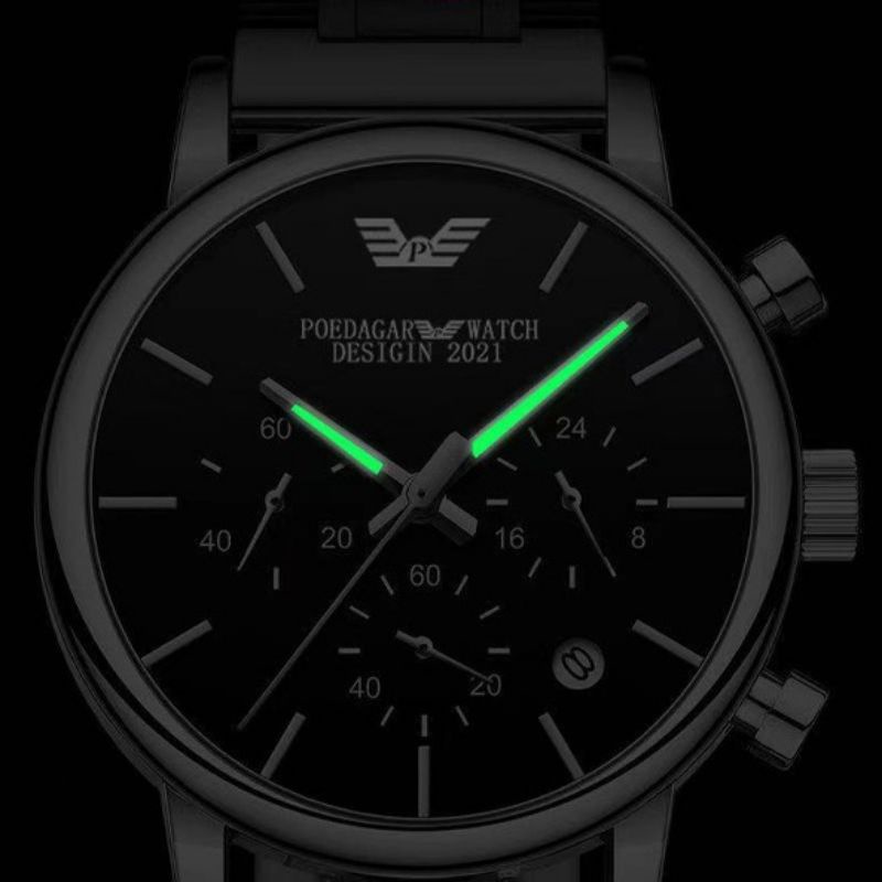 Đồng hồ nam chính hãng 6 kim cao cấp POEDAGAR 636 dây thép kim loại bạc mặt đen, Chống nước tốt, kim phát sáng ban đêm
