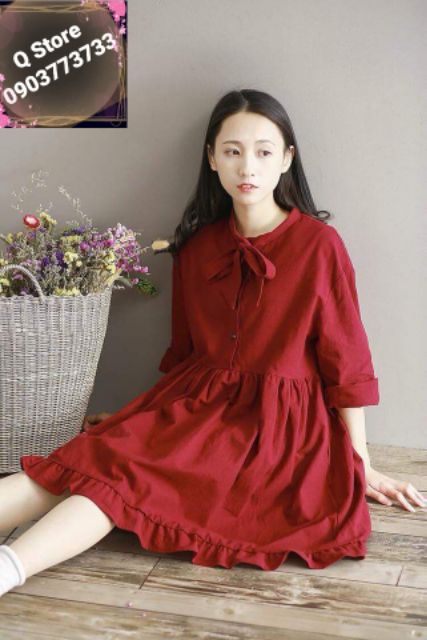 Đầm babydoll cổ nơ đỏ | BigBuy360 - bigbuy360.vn