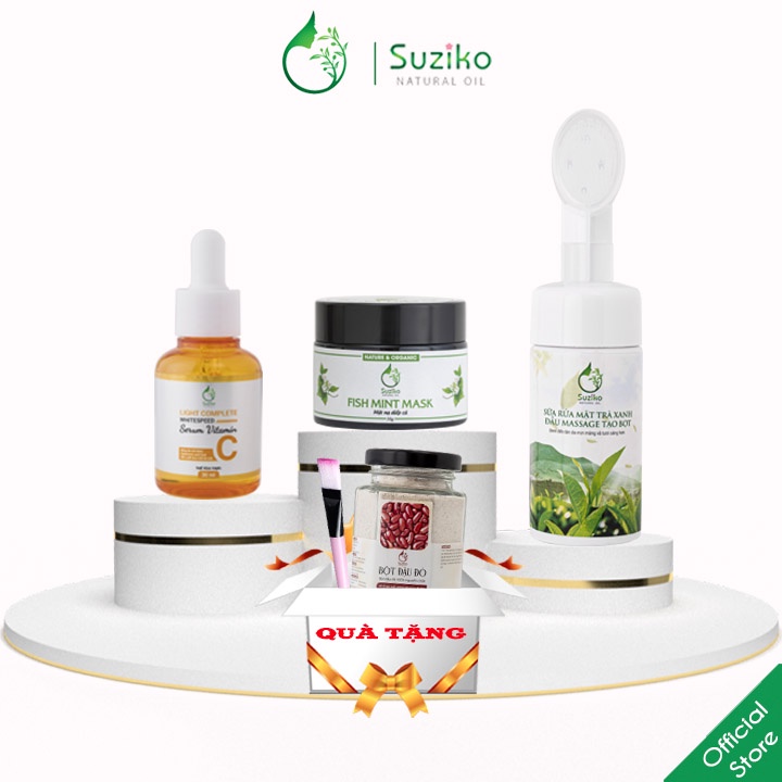 Bộ skincare chăm sóc da SUZIKO, sữa rửa mặt trà xanh, serum vitamin c, mặt nạ diếp cá