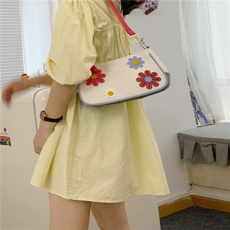 Túi IELGY đeo vai vải canvas họa tiết hoa màu sắc tương phản thời trang cho nữ