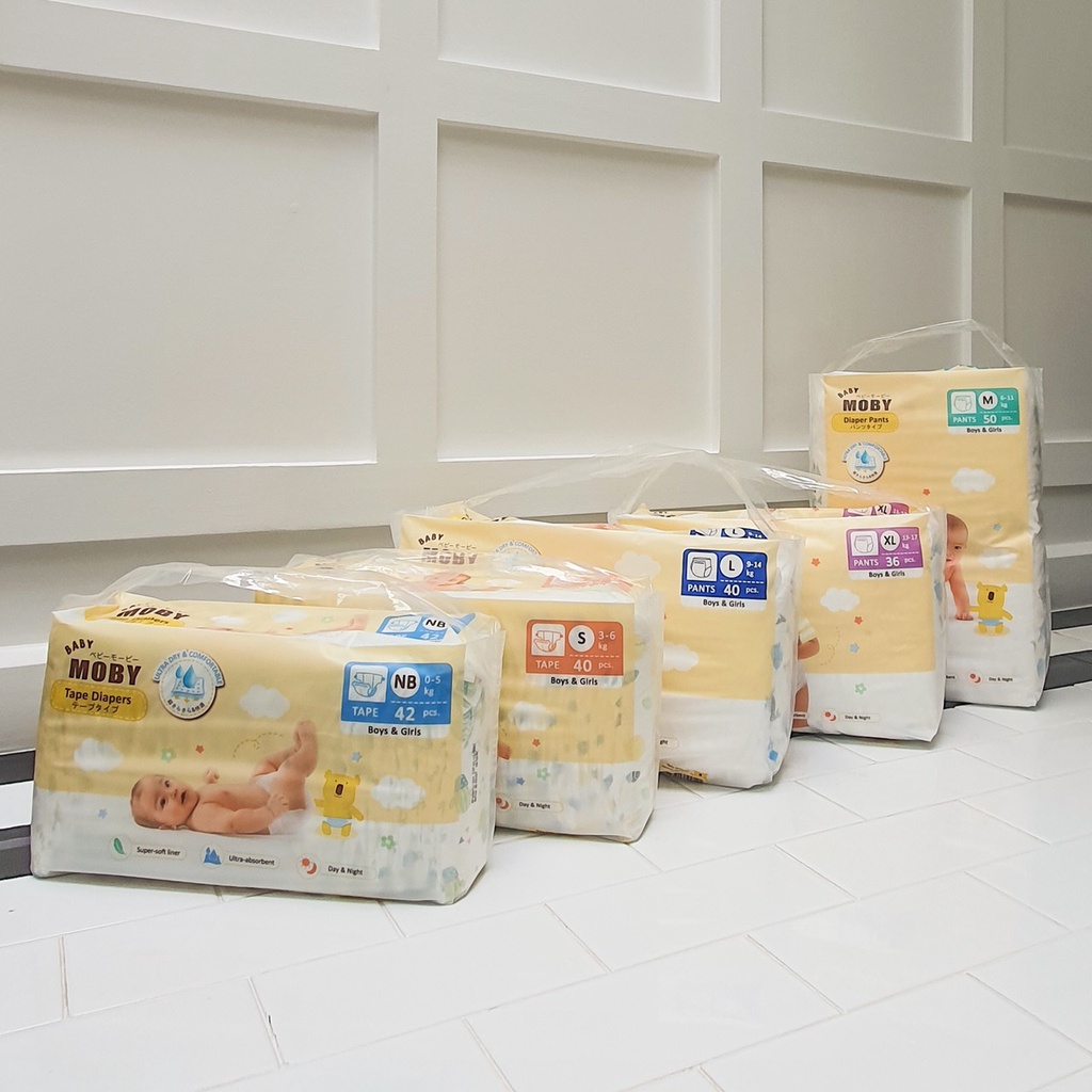 Bỉm dán/quần Baby Moby chống tràn thấm hút siêu tốc NB42/S40/M50/L40/XL36