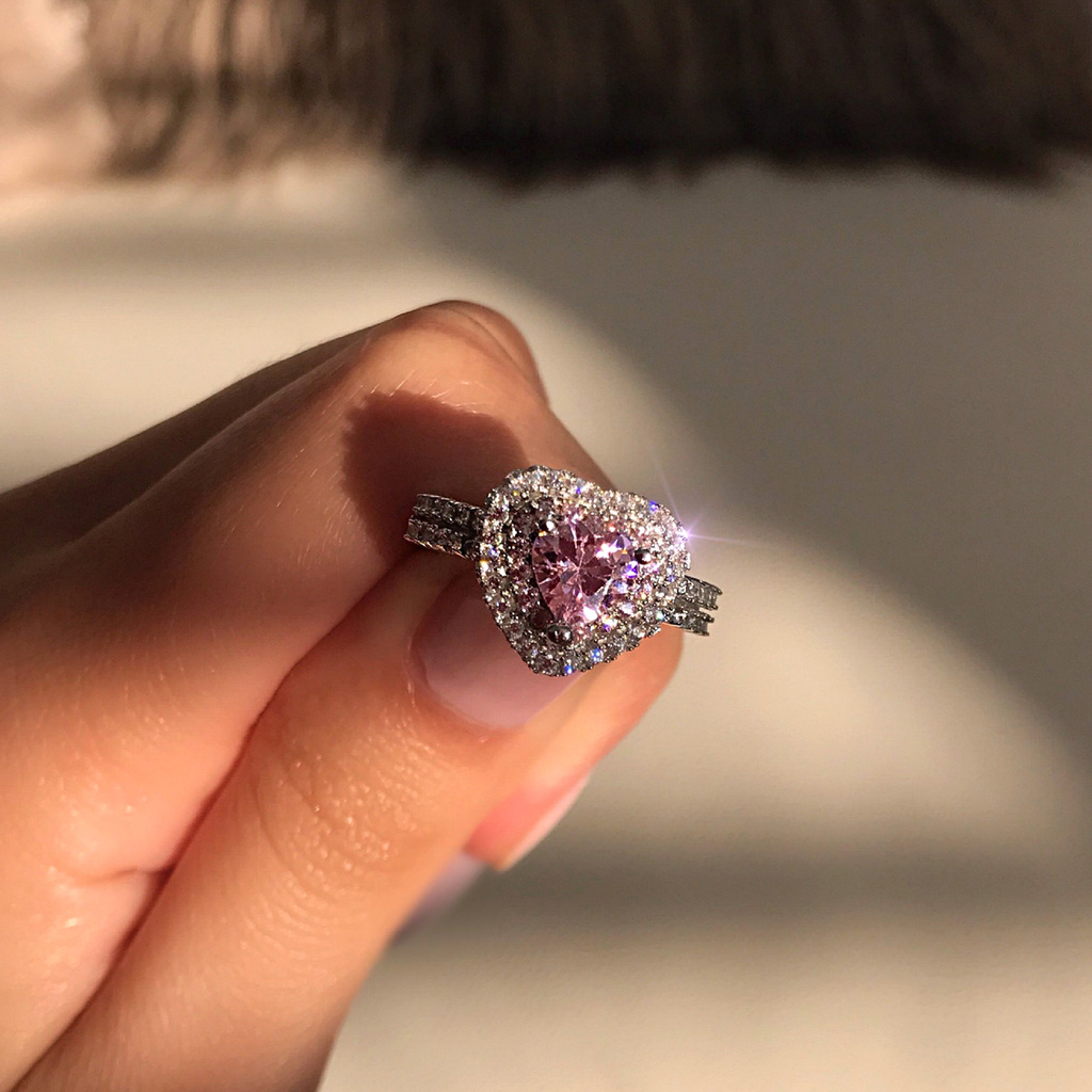 City_Pink Heart-shaped Rhinestone Ring Platinum Plated  Women Jewelry Accessories