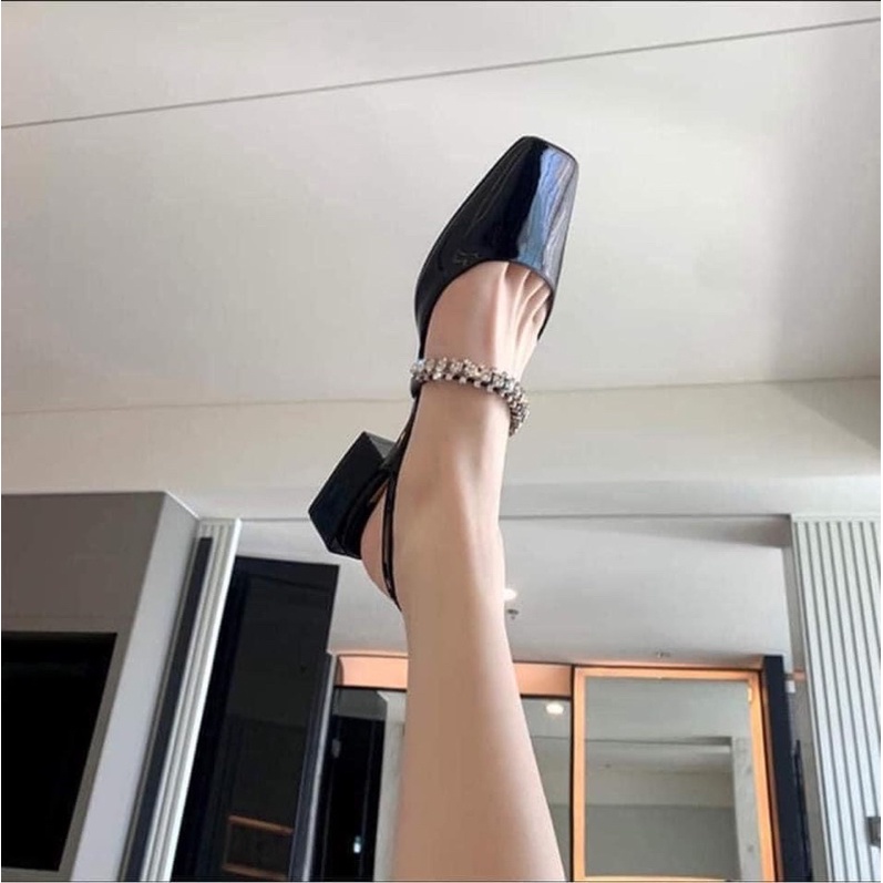 Giày cao gót Mary Jane mẫu mới mùa xuân 2022 đầu mũi vuông kết hợp dây đính đá