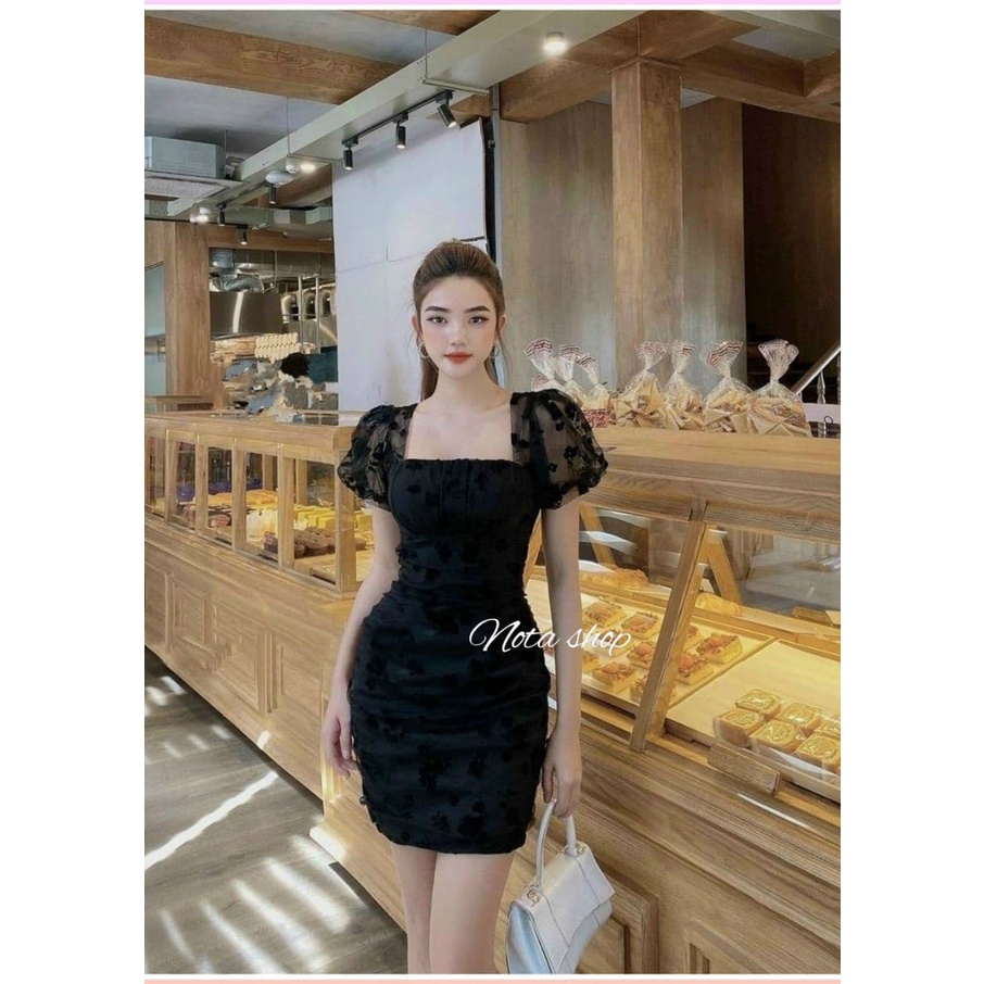 Đầm body lưới hoa ôm cổ vuông tôn dáng chất lưới mịn, ĐẦM HỌA TIẾT LƯỚI TAY NGẮN