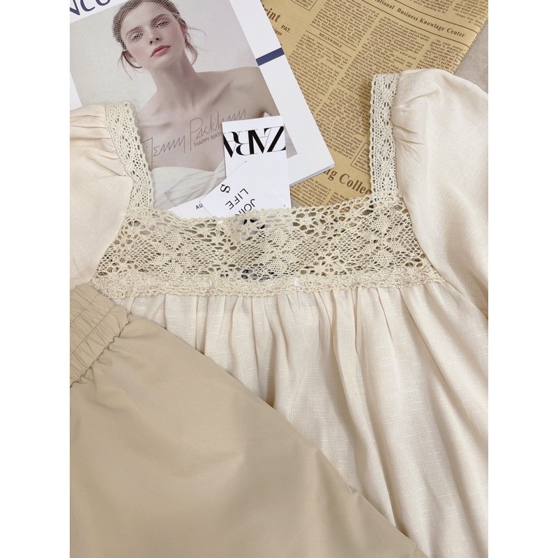 BÁN SỈ BỘ ĐŨI BE CỔ VUÔNG VIỀN REN MIX QUẦN SHORT CHO NỮ