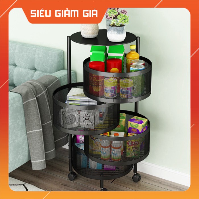 Kệ Xoay tròn vuông Đa Năng .Kệ Rau Củ Quả 3/4/5 Tầng Có Bánh Xe Di Chuyển