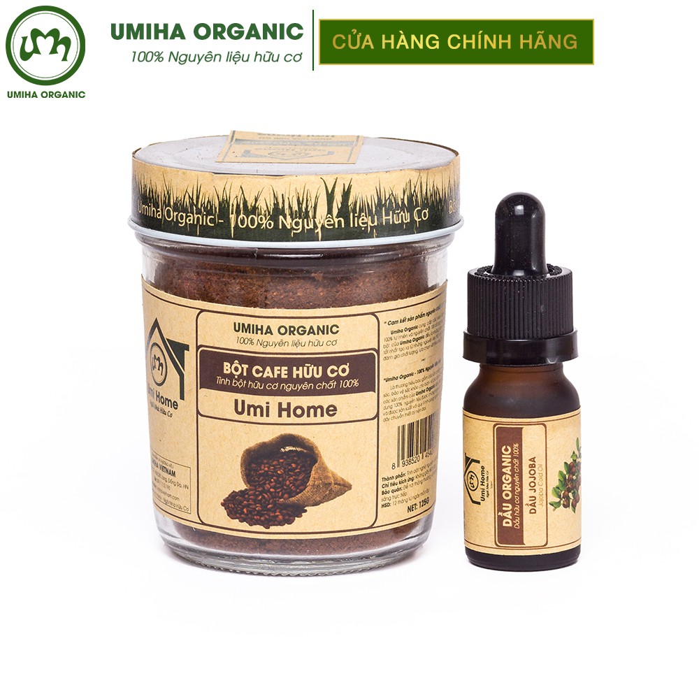 Combo đắp mặt dưỡng trắng da, tẩy da chết UMIHA với Dầu JoJoba 10ml và Bột Cafe 135g hữu cơ nguyên chất