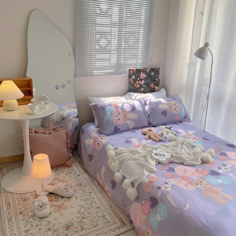 Bộ ga gối Cotton Poly hoạ tiết gấu bear thỏ stella kẻ đen MÂY BEDDING