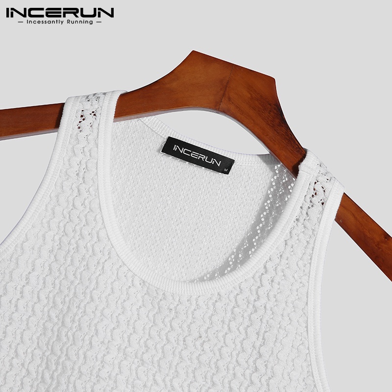 Áo không tay INCERUN dệt kim vải cotton xuyên thấu phối ren thời trang mùa hè sành điệu cho nam