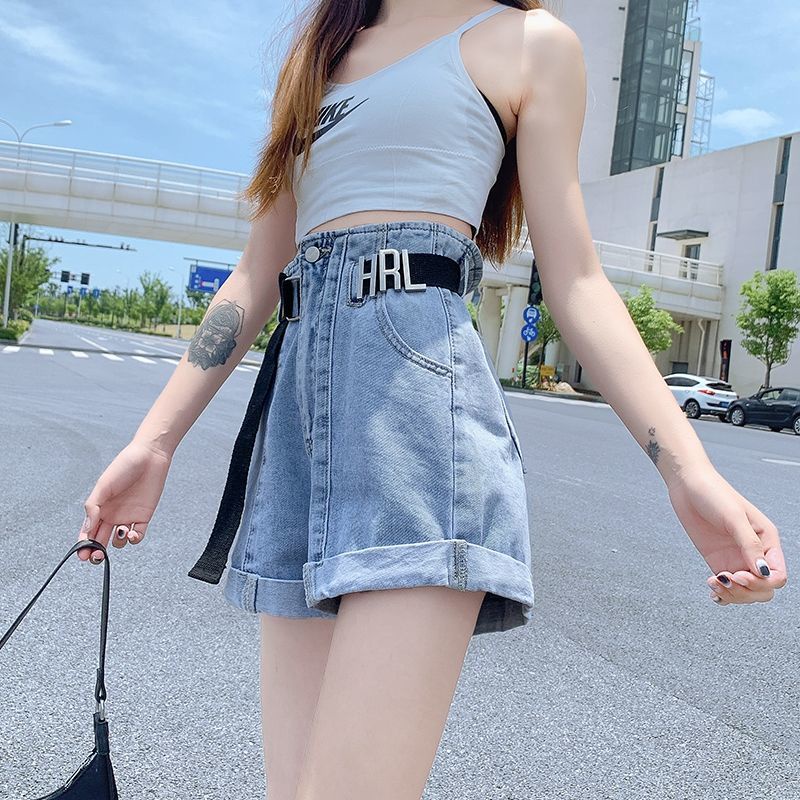 Quần Short Denim Đen Lưng Cao Ống Rộng Thời Trang Mùa Hè 2022 Cho Nữ