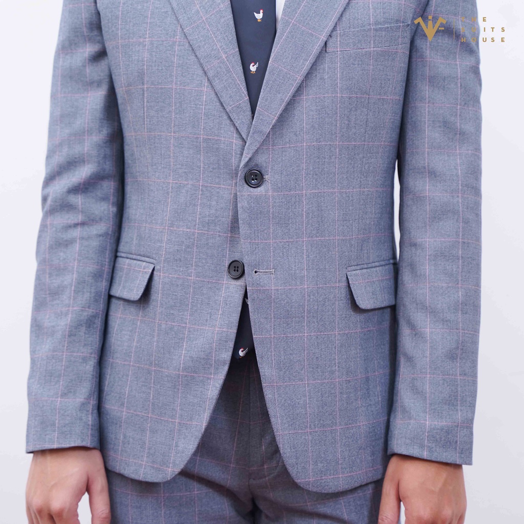 Bộ vest nam áo suits blazer quần tây xám kẻ ô, form ôm, sartorial, vải WOOL - The Suits House