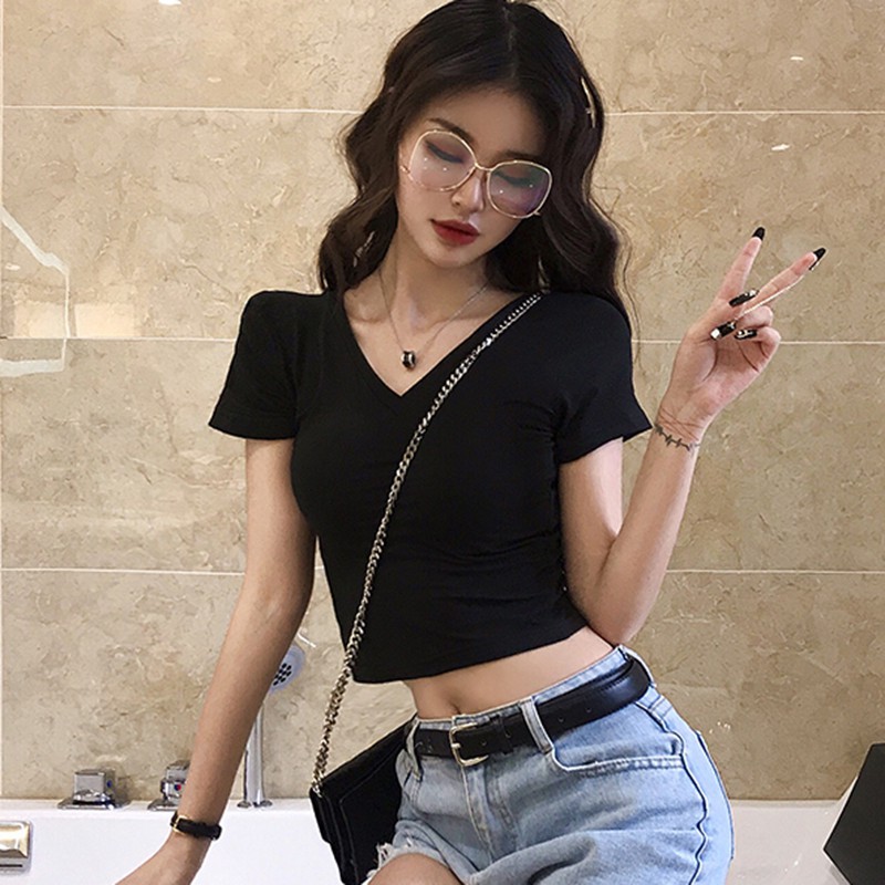 Áo Thun Tay Ngắn Cổ Chữ V Màu Trơn Thời Trang Mùa Hè