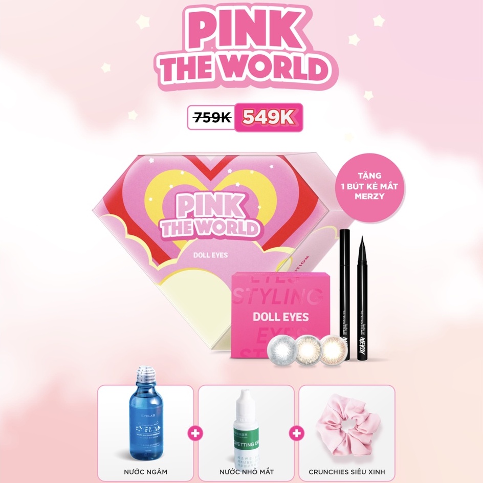 Box Pink The World - Kính áp tròng DOLL EYES, dung dịch ngâm & nhỏ mắt