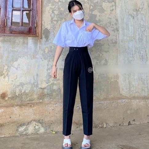 Quần tây nữ đi học lưng cao dáng dài màu đen ống đứng đáy cao kiểu Quần baggy nữ công sở 2 khuy cúc lệch vải dày dặn mềm
