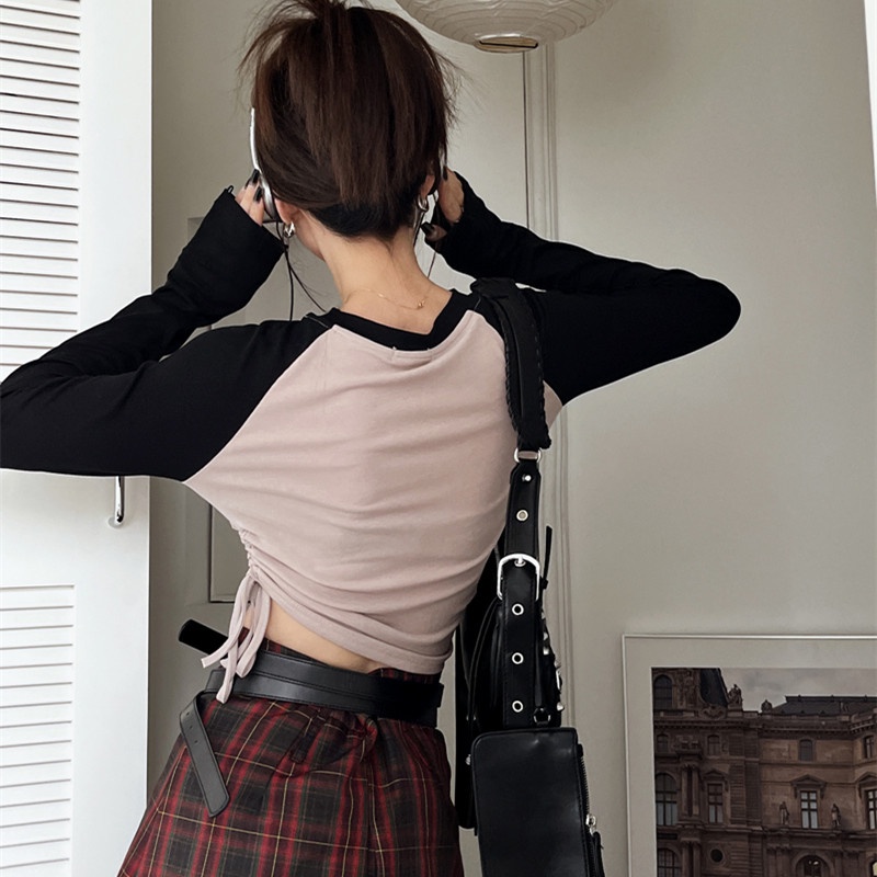 Áo Thun Tay Dài Dáng Ôm In Họa Tiết Màu Sắc Tương Phản Thời Trang Mùa Thu