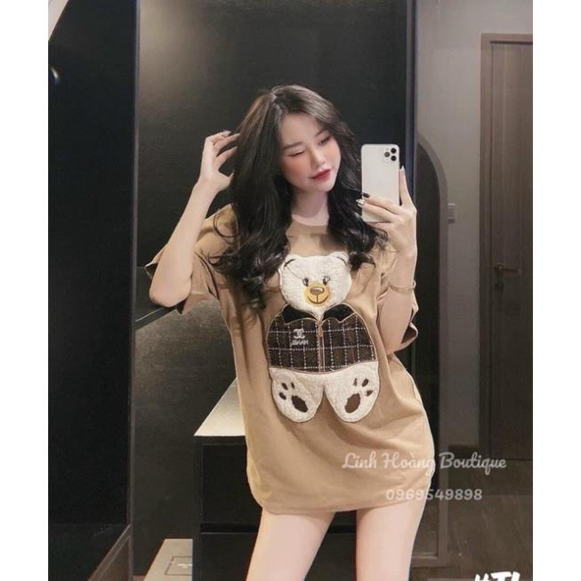 Áo bầu Phông Gấu Nâu From Rộng Trùm Mông Chất Cotton Khô Hàng Đổ Shop