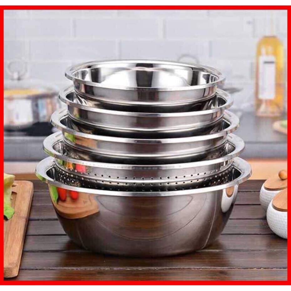 Set 5 bộ rổ, thau bằng inox cao cấp