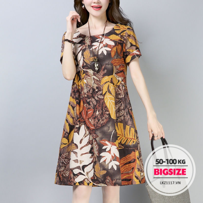 Đầm trung niên Bigsize Váy trung niên cho mẹ dáng suông tay ngắn cổ tròn mùa hè Phong cách Hàn Quốc Thời Trang tiểu thư cá tính xinh đẹp cho người mập béo