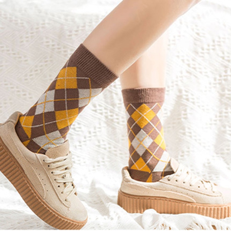 Han Vớ Cotton Cổ Cao Họa Tiết Kim Cương Nhiều Màu Phong Cách Preppy Vintage Hàn Quốc Mùa Thu Cho Nữ