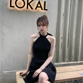 Đầm xoè đen cổ yếm thắt nơ hở lưng (ảnh thật)
