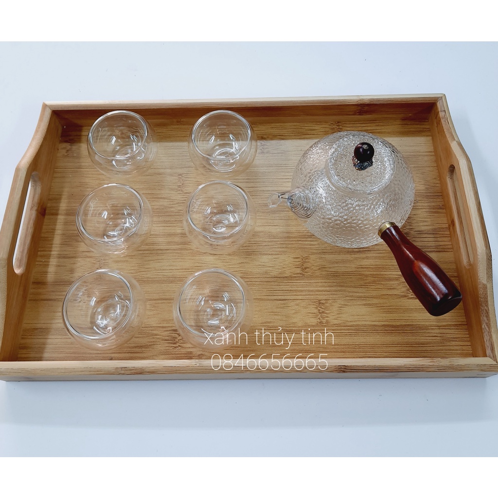 Bộ ấm trà thủy tinh sần chịu nhiệt, ấm cán gỗ 350ml - AT3