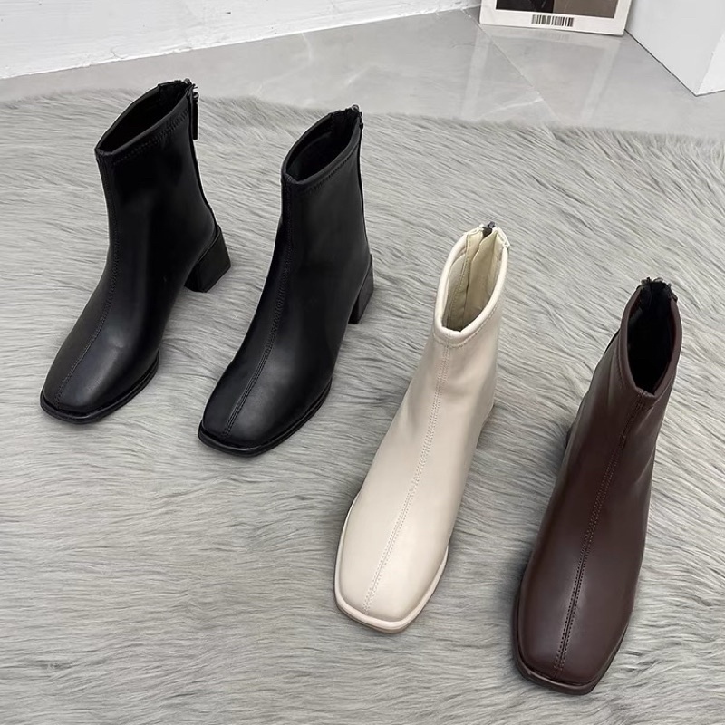 Boots cổ ngắn ulzzang da trơn gót vuông cao 5cm