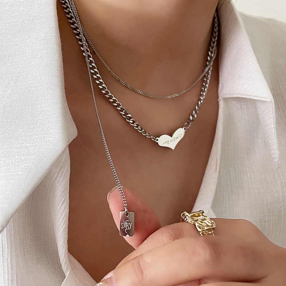 vòng cổ Hai Lớp Mặt Trái Tim Khắc Chữ Đơn Giản Cho Nữ