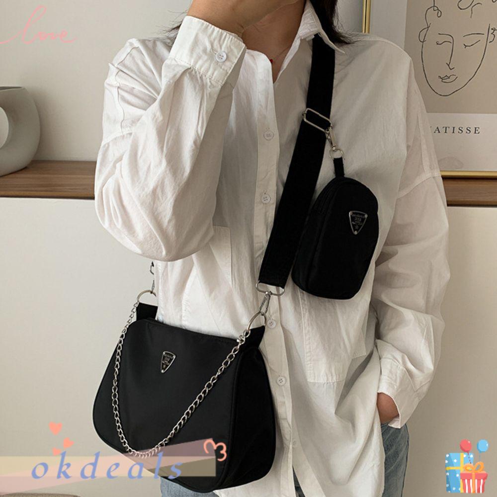 ღOKDEALSღ Solid Color Shoulder Handbags Fashion Causal Handbag Set 2in1 Sling Bag Woman Female Bag Chain Wild Crack Trend Hand Bags For Travel Shopping Simple Crossbody Bags/Multicolor