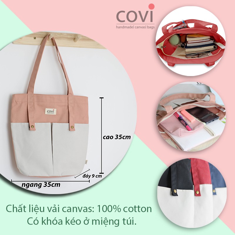 Túi vải canvas, túi tote đựng giấy A4 phom đứng phối 2 nút trước thời trang COVI nhiều màu sắc T8