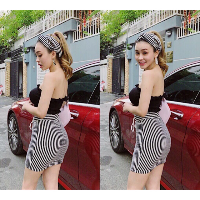 SET CHÂN VÁY SỌC ÁO ỐNG ĐEN KHĂN TURBAN