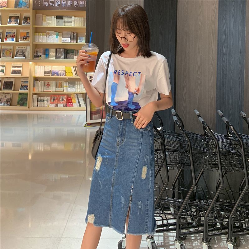 Chân váy jean Chữ A Lưng Cao Thiết Kế Xẻ Rách Thời Trang Mùa Hè Cho Nữ