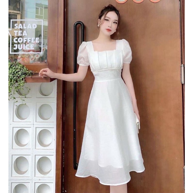 Đầm dự tiệc cổ vuông trắng tay phồng xếp li ngực Kenny Dress