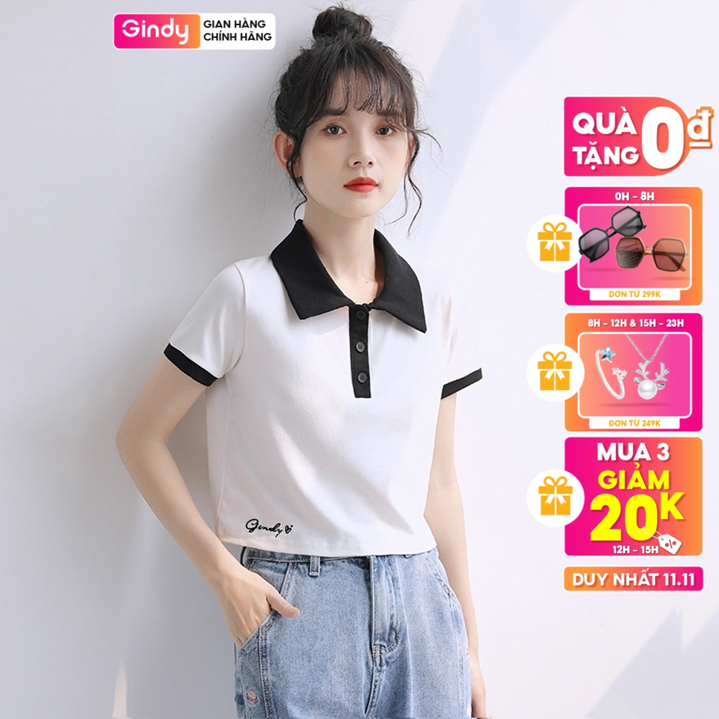 Áo phông nữ croptop GINDY cổ bẻ polo form rộng tay lỡ chất cotton thoáng mát Unisex A8103