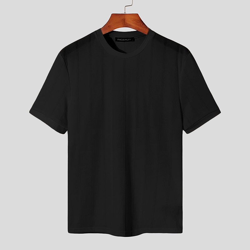 Áo thun INCERUN ngắn tay cổ tròn họa tiết kẻ sọc 3 màu tùy chọn thời trang cho nam