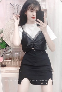 Set áo croptop phối chân váy khoen