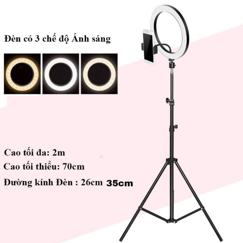 Đèn Livestream Size 26cm và Chân 2m1 Chụp Ảnh Make Up Trang Điểm Quay Tiktok, Bán Hàng Nhiều Chế Độ Sáng