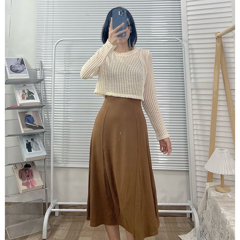 Sét Váy 2 Dây Thun Tăm Kèm Áo Len Lưới Dài Tay M2776-Teen 888