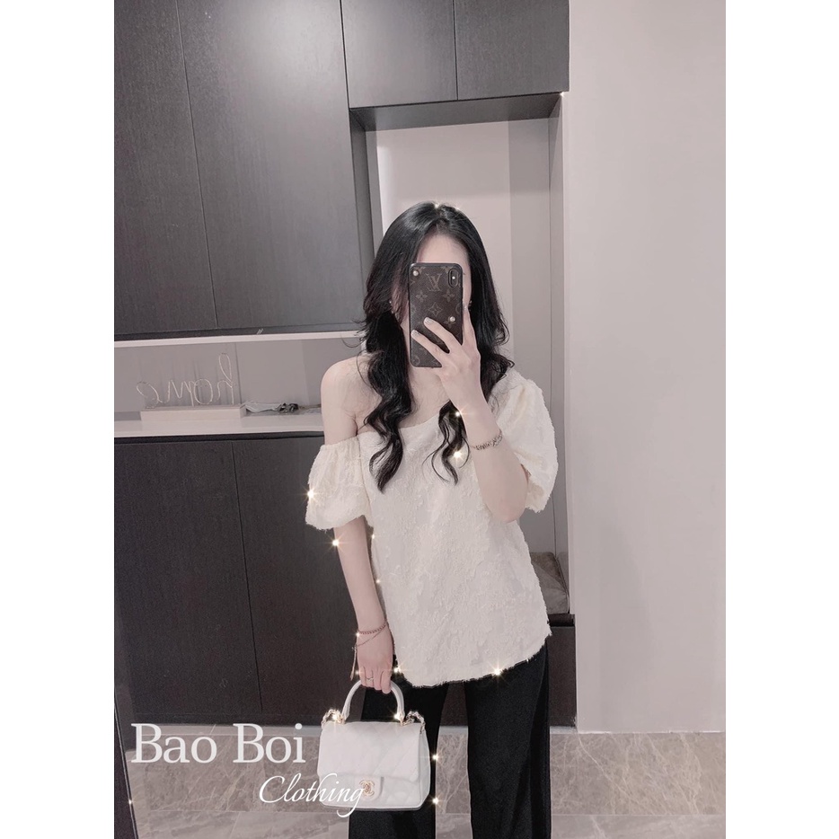 Áo lệch vai nữ tay bồng tơ hoa 2 lớp mềm mịn hàng thiết kế cao cấp Hottrend LICA - A33