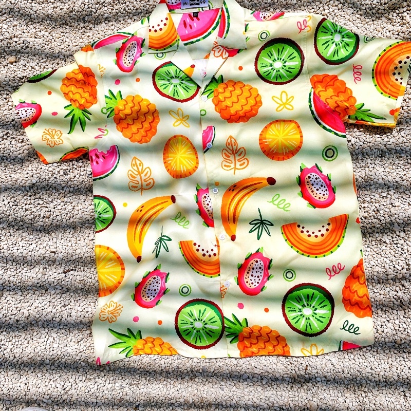 Áo Sơ Mi Họa Tiết Đi Biển Trái Cây Nam Nữ Unisex tay ngắn, chất lụa gân dày đẹp. hàng thiết Kế Mr.Smile 99 Shop