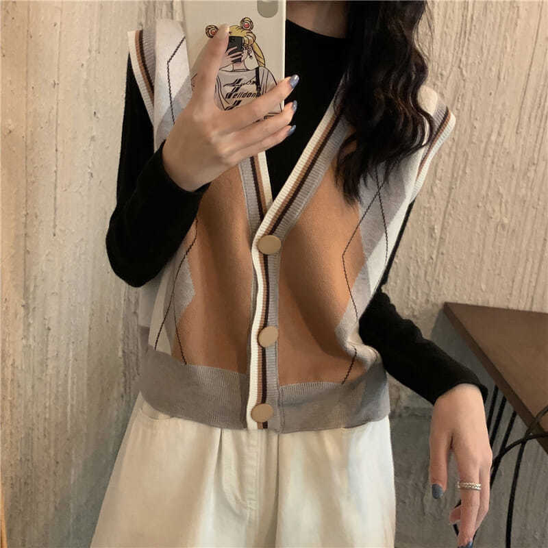 Áo len ghi le cổ chữ V dáng rộng