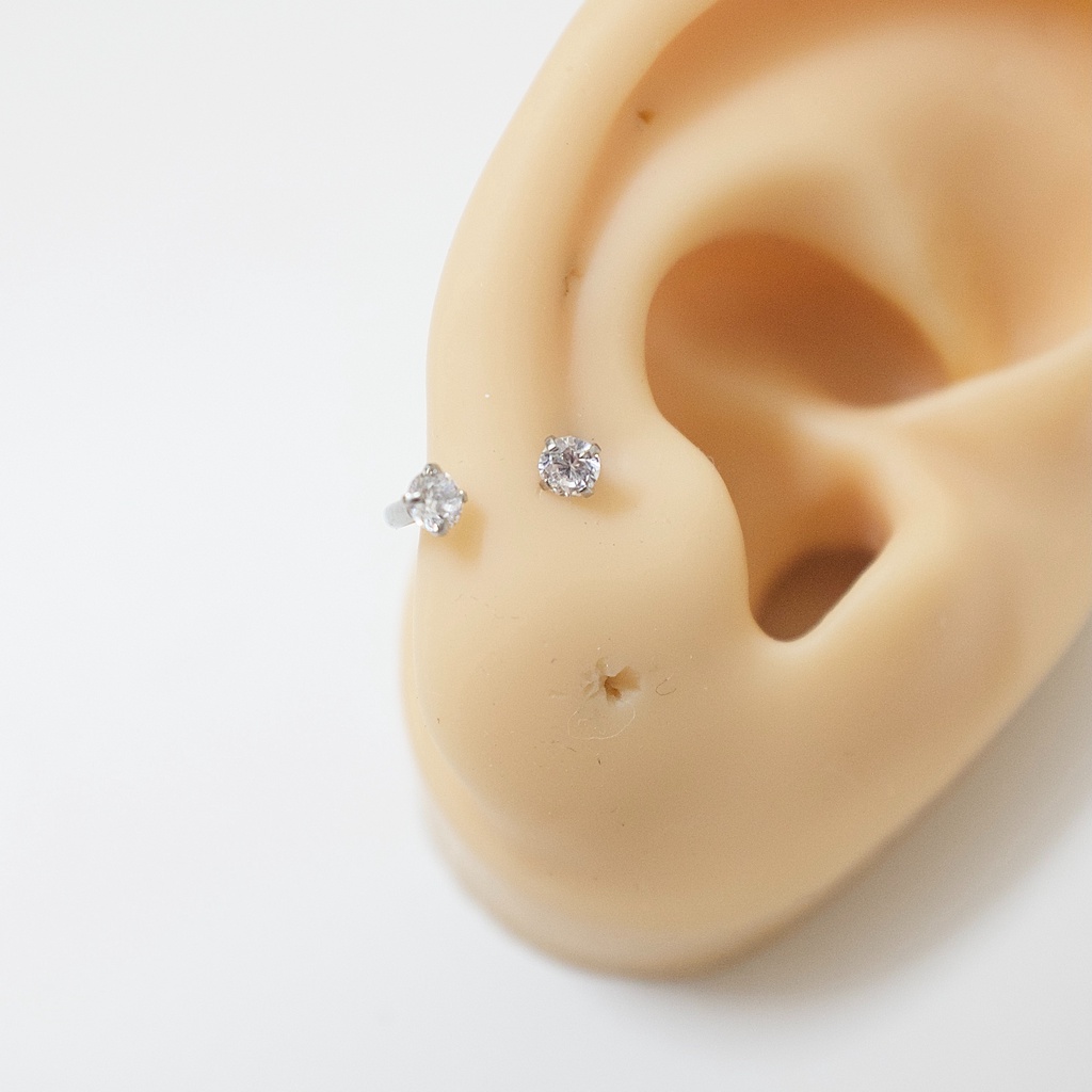 Khuyên Tai Titan Unisex Chữ U Màu Bạc 2 Đá Tròn 3mm Không Gỉ Sét Không Ngứa Bông Tai Julies Box 66