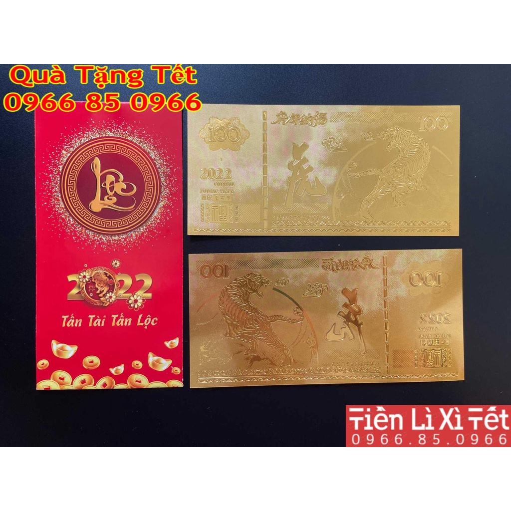 [Lì xì 2002] Combo 5 tờ Tiền Con Hổ Macao 100 plastic Mạ Vàng Lì Xì Tết Mẫu 1 kèm 5 bao lì xì Nhâm dần