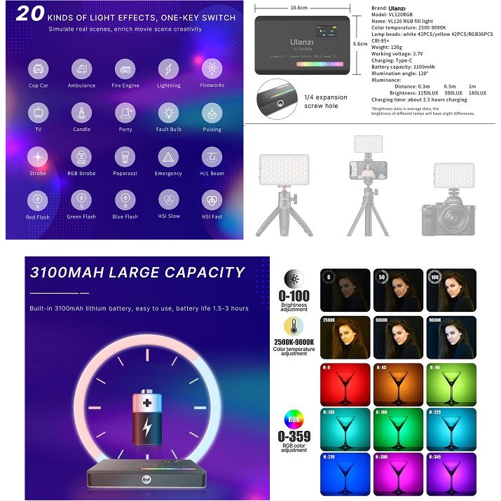 Đèn LED Mini Vijim Ulanzi VL120 RGB, Light, Bi, 20 Hiệu Ứng Ánh Sáng Kèm Silicon Smooth Mềm Tản Sáng HL Studio