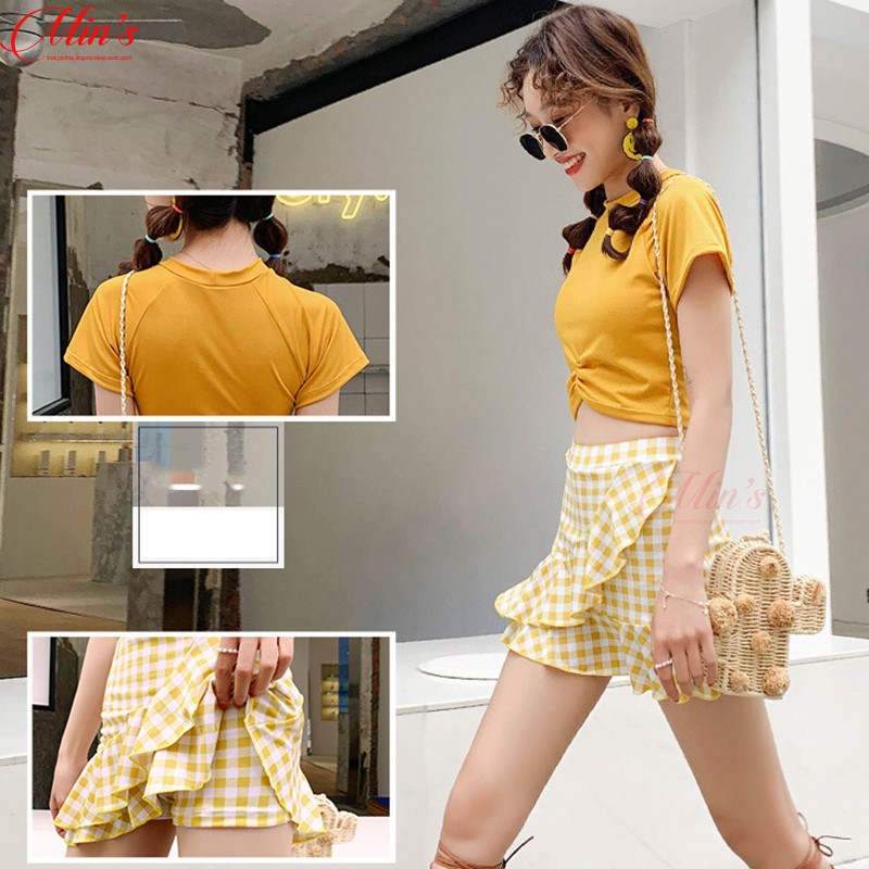 Đồ Bơi Nữ Đi Tắm Biển Mùa Hè Áo Tay Cộc Váy Kèm Quần Co Giãn Trẻ Trung 2 Màu Hồng, Vàng Chân Váy Caro MIN Bikini | BigBuy360 - bigbuy360.vn